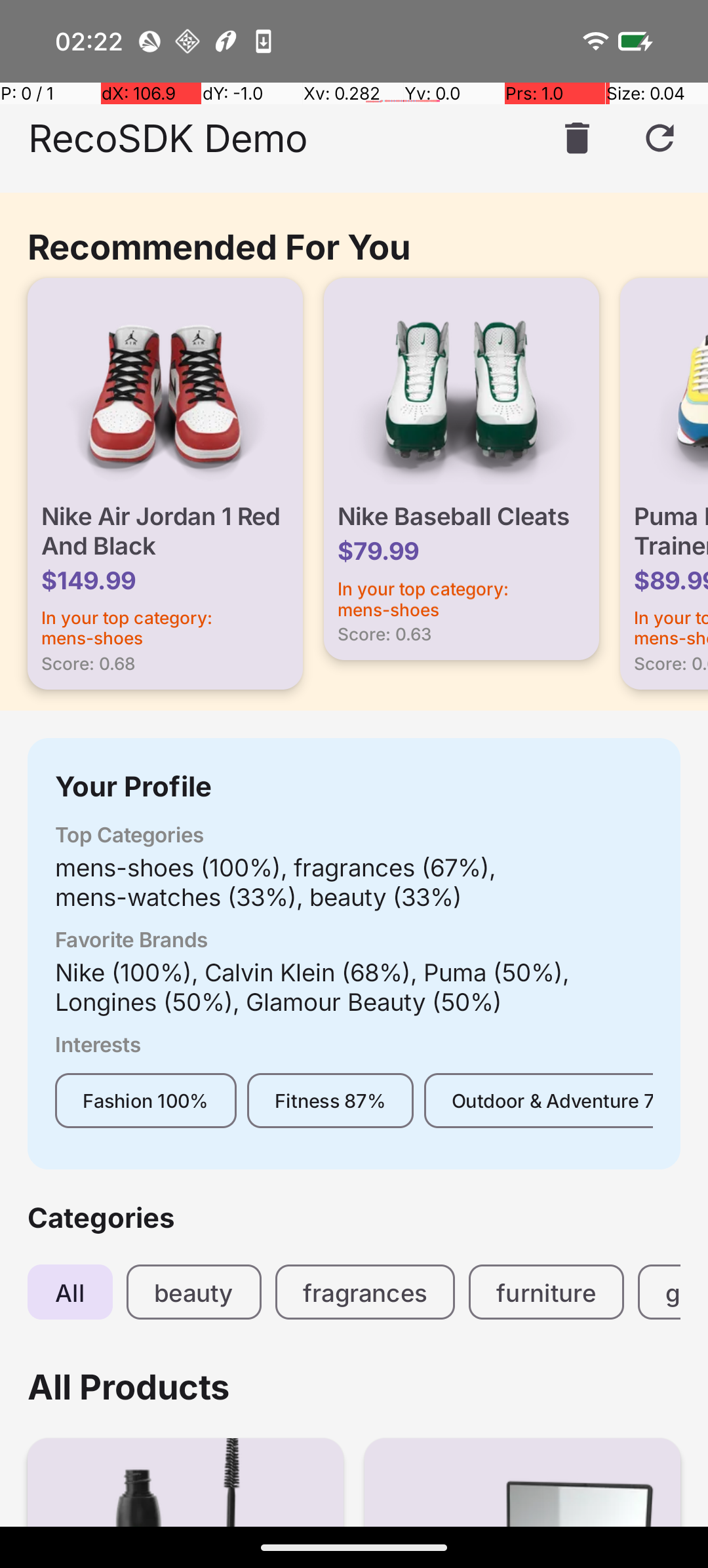RecoSDK Demo App showing personalised recommendations